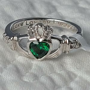 Shan Ore May Birthstone Claddagh 925 Silver Ring Irish Green CZ handcrafted